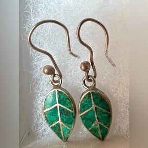 Silver, Green Chrysocolla Stone Leaf Earrings